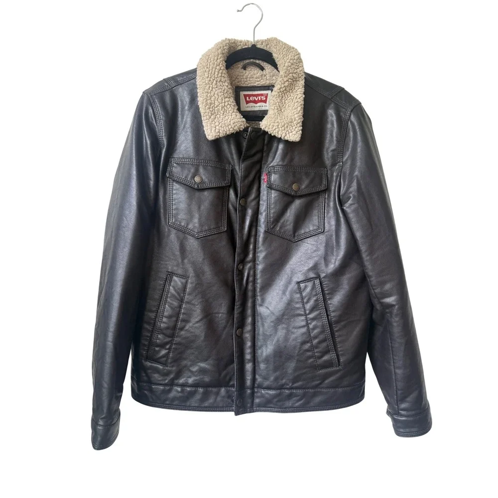 Levis Mens Black Faux Leather Sherpa Trucker Jacket Size S‎ Bomber Full Zip - Picture 2 of 13